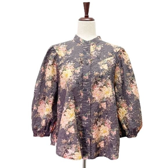 & Other Stories Paris Atelier Cottage Floral Gray & Pink Cotton Blouse Size 8 - Picture 1 of 16